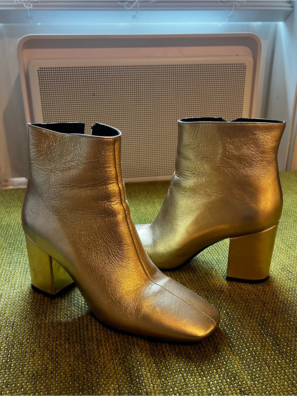 Anine Bing Gold Block Heel Genuine Leather Boots, 37 / 6.5